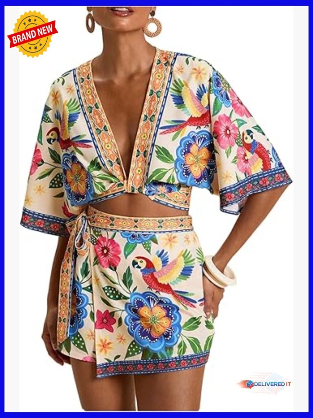 Women's 2 Piece Boho Crop Top & Wrap Skort Set Summer Outfit